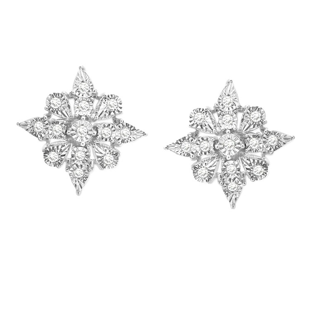 925 Sterling & Diamond Quatrefoil Cluster Shimmering Earrings 1/10 ct.tw - Picture 3 of 6